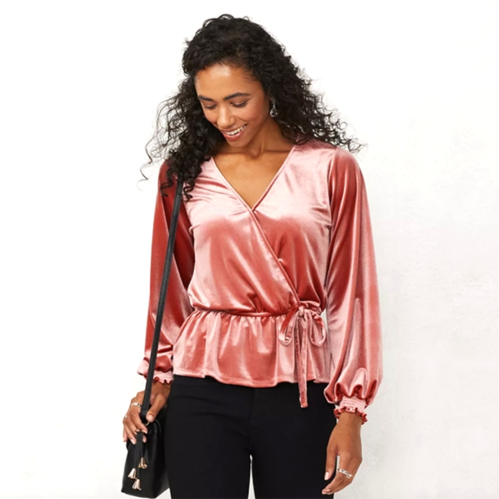 LAUREN CONRAD, velvet, faux wrap top, volume sleeves, Size Large.
